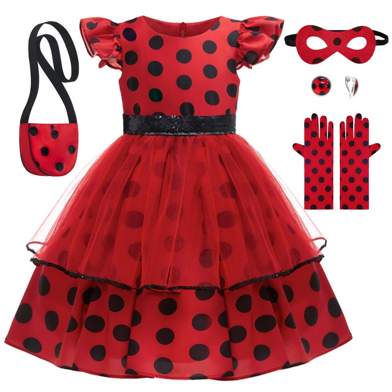 LZH Ladybug Costume Dress For Girls Kids Cosplay Lady Bug Halloween Birthday Dress Up With Bag Gloves Mask Earrings - Image 1
